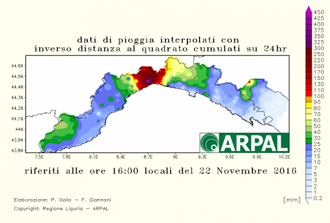 mappa delle cumulate regionali di martedì 22 novembre 2016