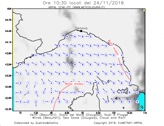 mappa della ventilazione sciroccale sul golfo ligure