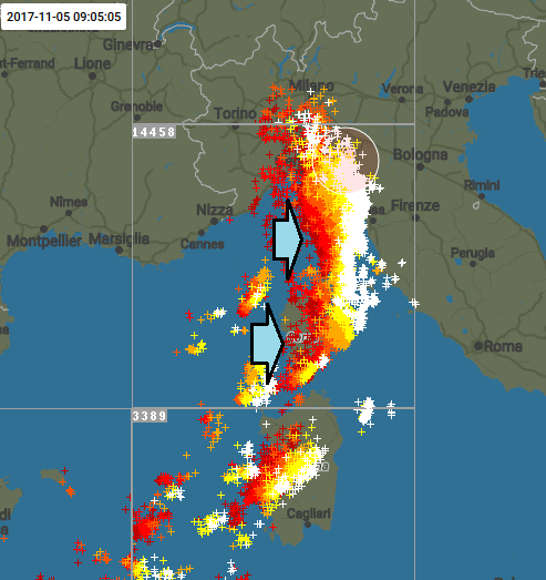 Fulminazioni in tempo reale: in bianco le più recenti (ultimi 20 minuti), in ros