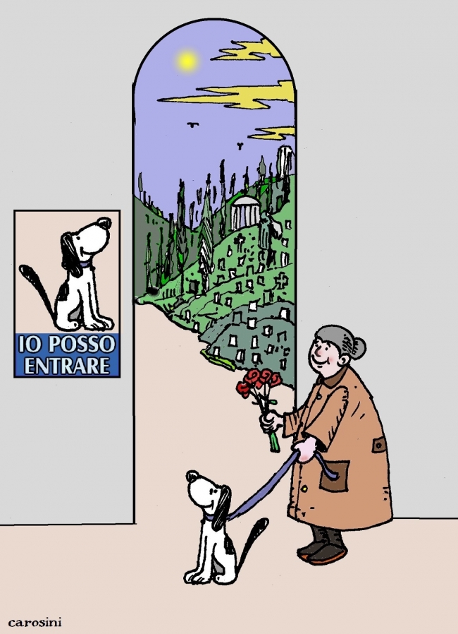 vignetta su cane in visita al cimitero 