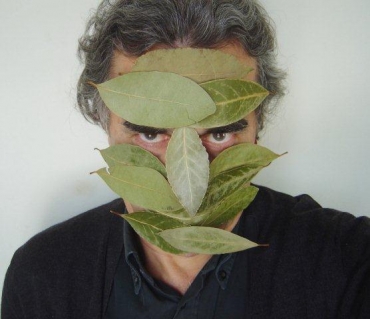 uomo con foglie sul viso