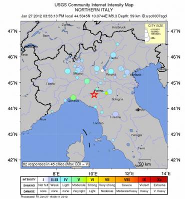 L'epicentro del sisma e le zone interessate (Fonte: USGS) 