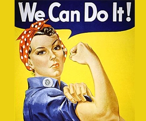 Manifesto con donna che mostra il bicipite e frase: lo possiamo fare!