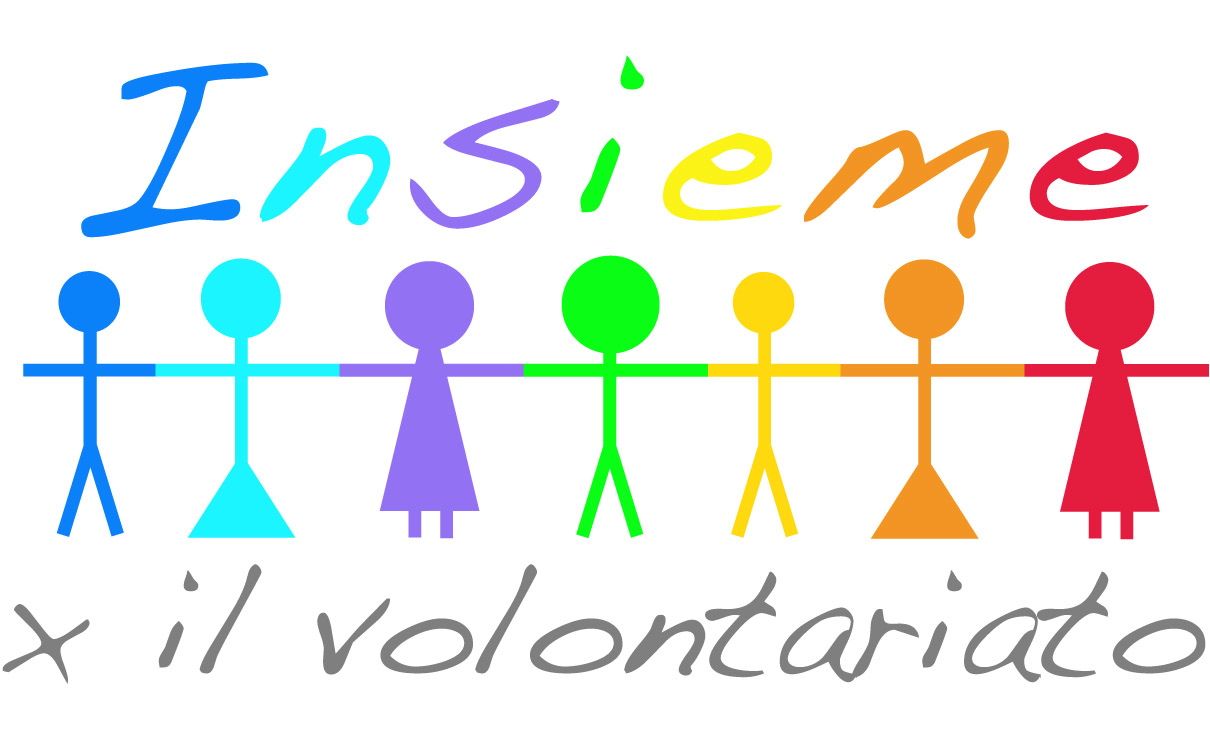 omini colorati che si tengono per mano con scritta insieme per il volontariato